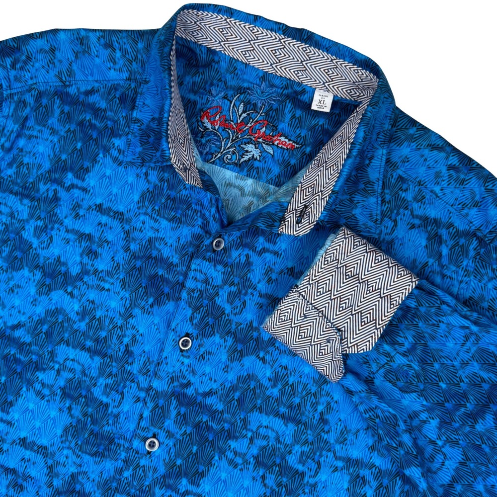 Robert Graham Classic Fit Button Up Geometric Flip Cuff Shirt Men XL Blue Preppy